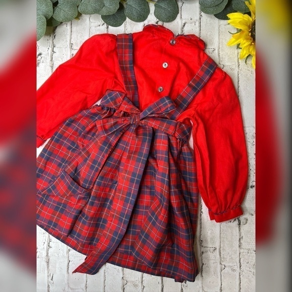 Polly Flinders Smocked Dress Vintage 80’s Red Navy Plaid 4 - Picture 3 of 4
